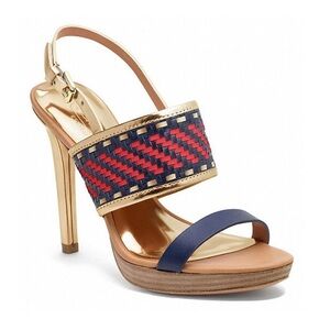 Coach Steffi Gold Red Navy Woven Platform Stiletto Heels Size 7.5